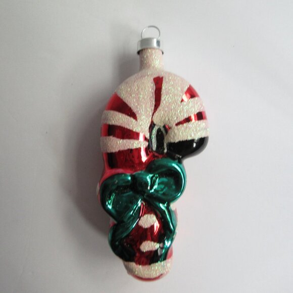 Striped Candy Cane with Gren Bow Glass Christmas Ornament Vintage 4" - Picture 2 of 9